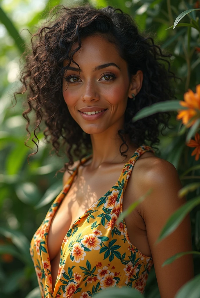 A Brazilian woman in a lush tropical garden, wearing an open shirt with a floral print, with a close-up capturing the harmonious beauty between her breasts and the natural flowers, showing off your natural charm and outgoing personality.