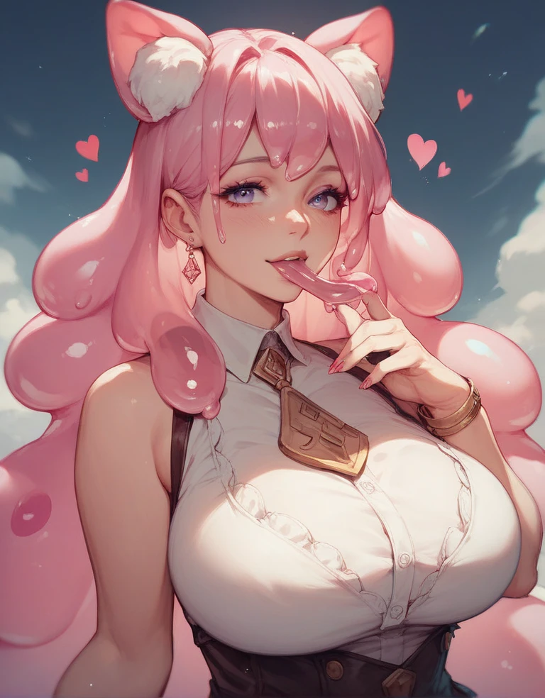 score_9,score_8_up,score_7_up, (1girl), source_anime, high quality, detailed, dark skin, pink hair, long hair, brown eyes, smile, slender eyes, pink bear ears, large breasts, lips, wide hips, thick thighs, miniskirt, cropped lace sweater, bikini, micro shorts, (oral invitation),