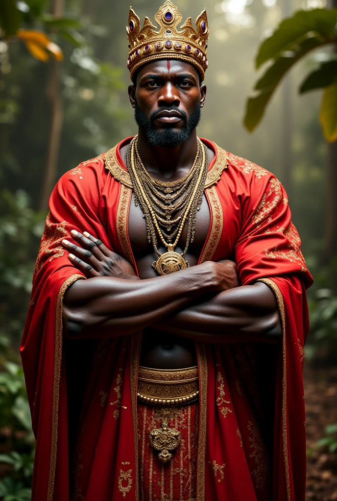 fking_scifi, fking_scifi_v2, portrait of a middle age, muscular very hary, handsome and attractive African warrior man, in front of a foggy forest, rich colorful clothes and golden african jewelry, close up, regal pose and attitude. fking_cinema_v2.