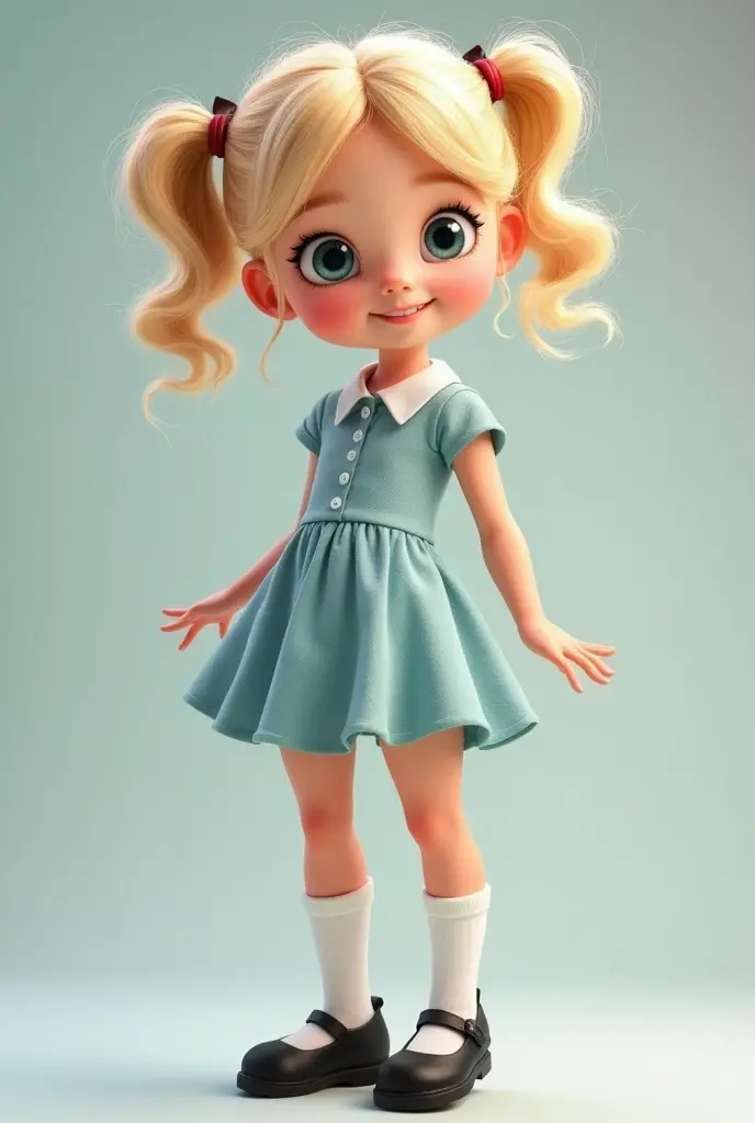 the girl has a beautiful slender body, a soft, fair complexion and a youthful, rounded face. Her large, expressive blue eyes are bright and wide, often reflecting her cheerful demeanor. She has blonde hair styled into two high pigtails that bounce with her movements. Her overall look is completed with a light blue dress, white knee-high socks, and black Mary Jane shoes, emphasizing her playful and endearing appearance.