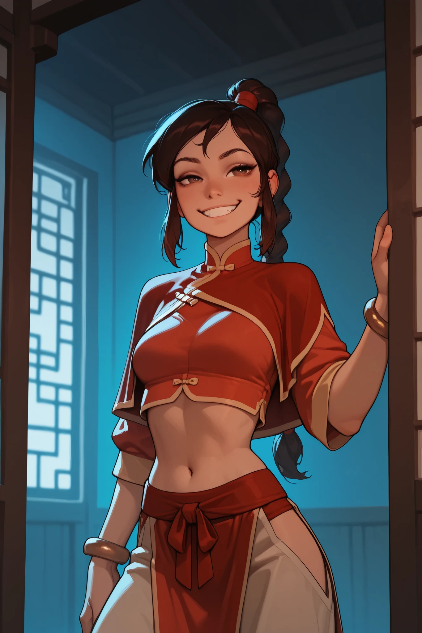 Ty Lee, long hair, brown hair, ponytail, braid, single braid, chinese clothes, bracelet, capelet, navel, midriff, pelvic curtain, pants, breasts, incoth, (incase:0.6), wicked grin, indoors, blue walls, medium shot