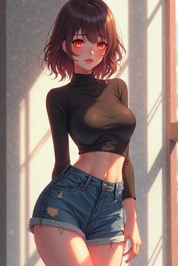 1 girl, pale skin, short brown hair, red crop top, sleeveless, jacket, big hips, big breasts, black mini shorts, hourglass figure, school, sleepy