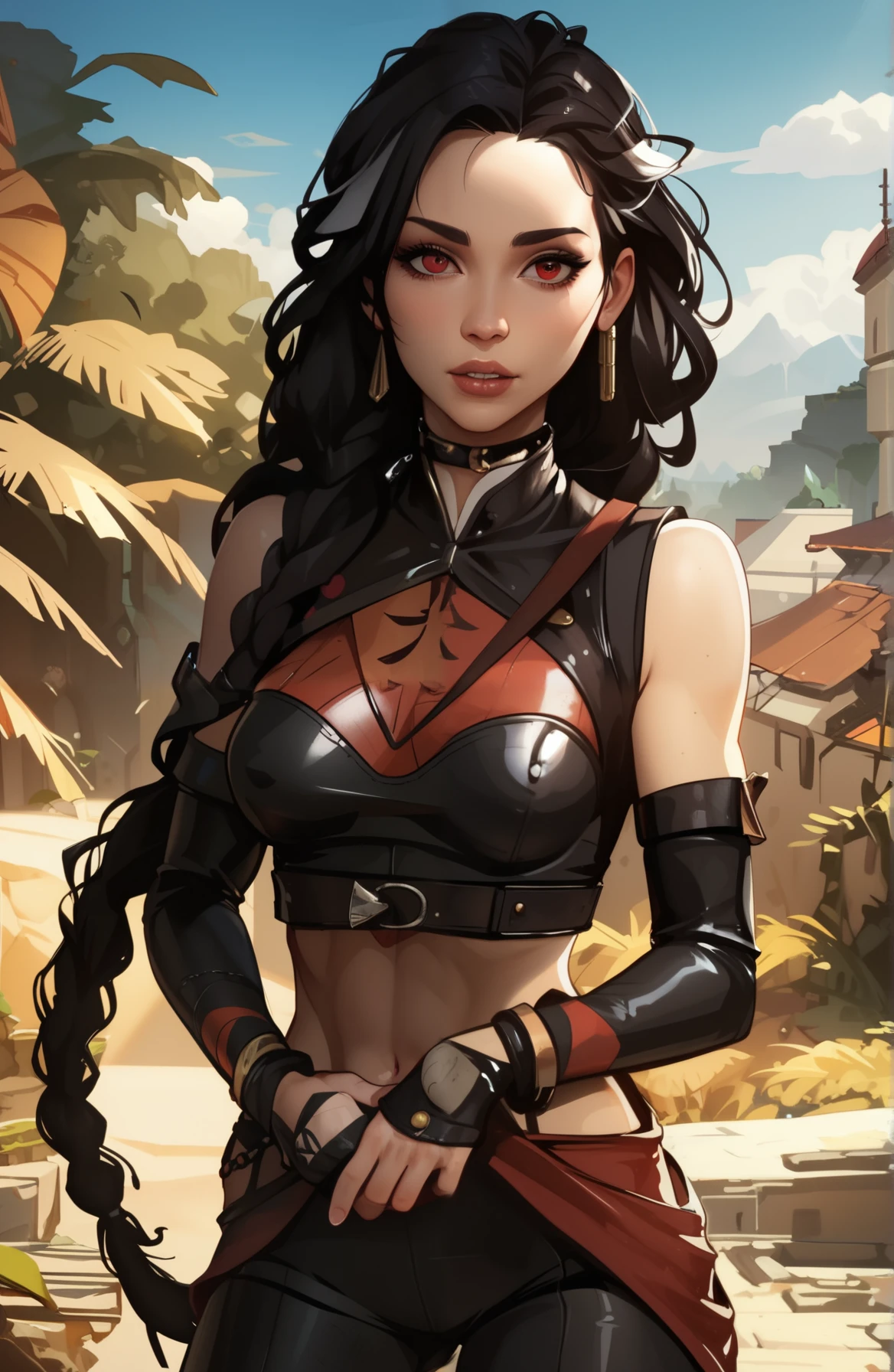 look like a young Jennifer Lawrence, Asian eyes, narrow nose, masterpiece, HD , great quality, very aesthetic, absurd, high contrast , high color palette , light glare ,Latest ,2.5D,volumetric lighting, Sweet, jung, 1 girl, aztekisch, small breasts, red eyes,athletic body, aztekisch, white hair strands, looks at the viewer, medieval leather clothing, Dreadlocks, shy, smiles, Anime shark teeth, background: jungles and Aztec ruins