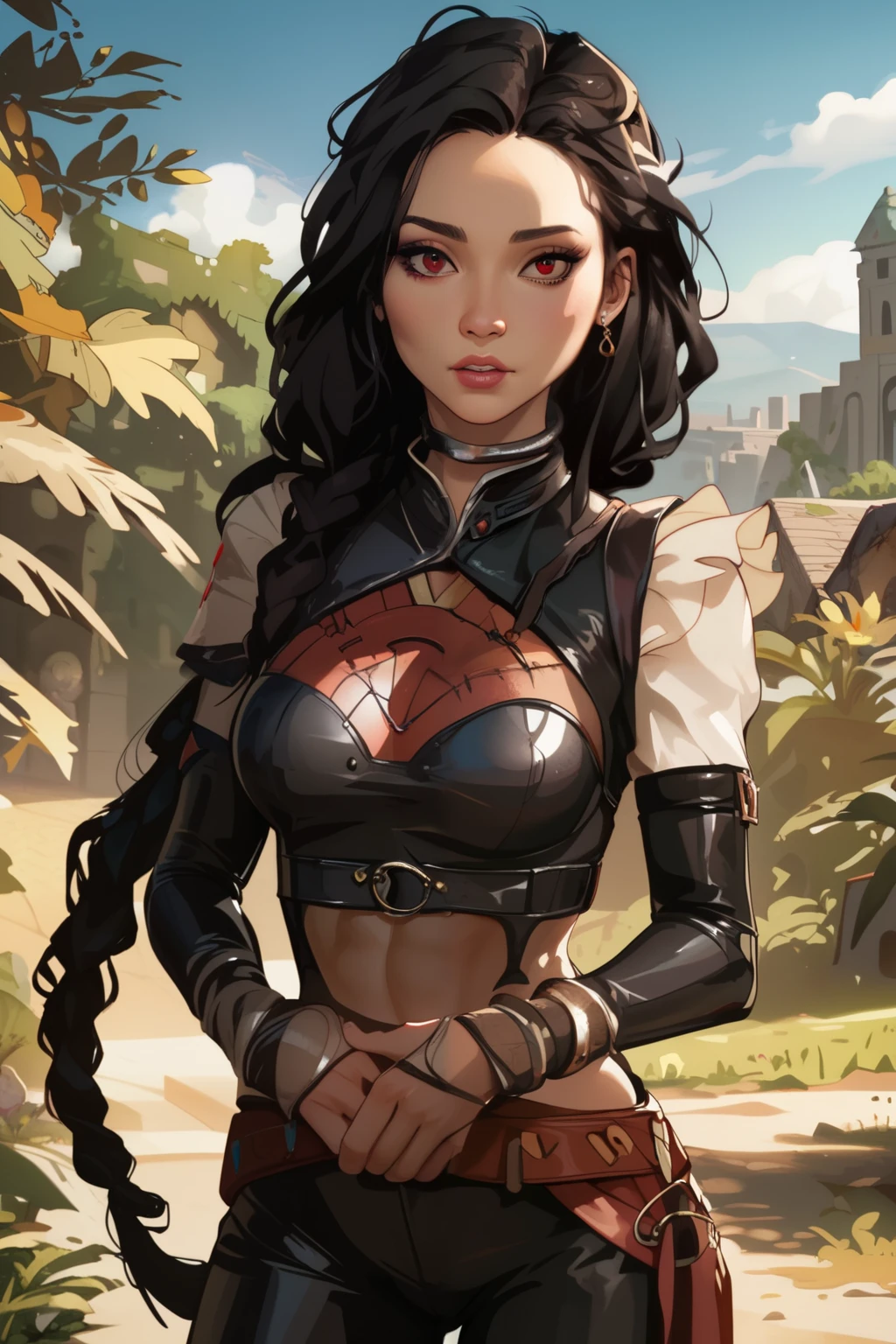 look like a young Jennifer Lawrence, Asian eyes, narrow nose, masterpiece, HD , great quality, very aesthetic, absurd, high contrast , high color palette , light glare ,Latest ,2.5D,volumetric lighting, Sweet, jung, 1 girl, aztekisch, small breasts, red eyes,athletic body, aztekisch, white hair strands, looks at the viewer, medieval leather clothing, Dreadlocks, shy, smiles, Anime shark teeth, background: jungles and Aztec ruins