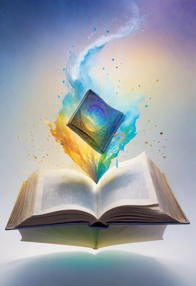"Create a watercolor painting of a forbidden book floating in the air, with pages that go by themselves and old letters that glow in gold ink. The background is hazy, full of cool colors that highlight the magical aura of the book.