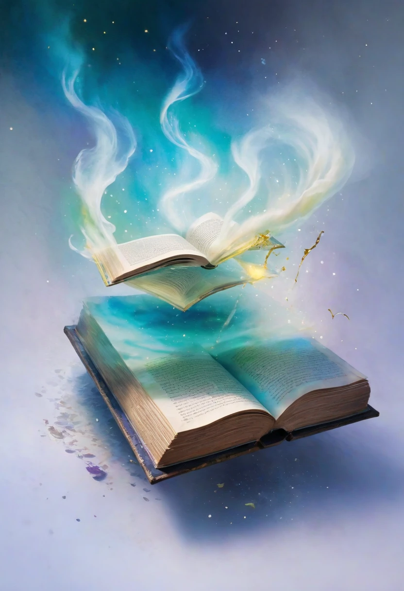 "Create a watercolor painting of a forbidden book floating in the air, with pages that go by themselves and old letters that glow in gold ink. The background is hazy, full of cool colors that highlight the magical aura of the book.