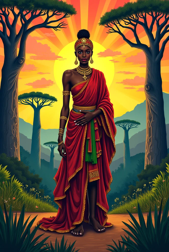 He cut it. (African Goddess),Beautiful garden,beautiful face ((full body)), ((dynamic gesture)), (((Short hair or no hair))), amazing face ,Random tribal clothing, (((Tribal artifacts))), (((Tribal gold tattoo))), Thunderstorms and strong winds, Paul Clei style, Surrealist masterpiece, Octane rendering, Point of interest, colorful background, details, detailsที่ซับซ้อน, A variety of colors, Barefoot,