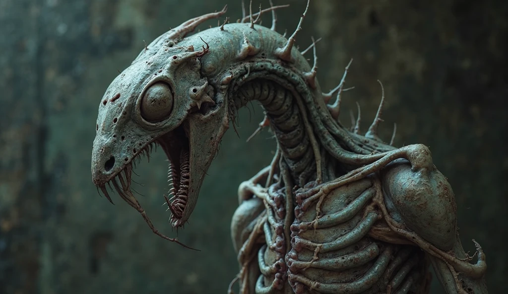 He creates a nightmarish creature he has a long and bony neck his head has half the skull exposed and his jaw bifurcates open like an ant's clamps his chest is open with the flesh hanging, his body is swollen giving the appearance of a termite,  he has three grotesque pairs of legs on the sides his skin color is rotten bluish, nightmarish creature inside a dark and dirty Hyperrealist image 