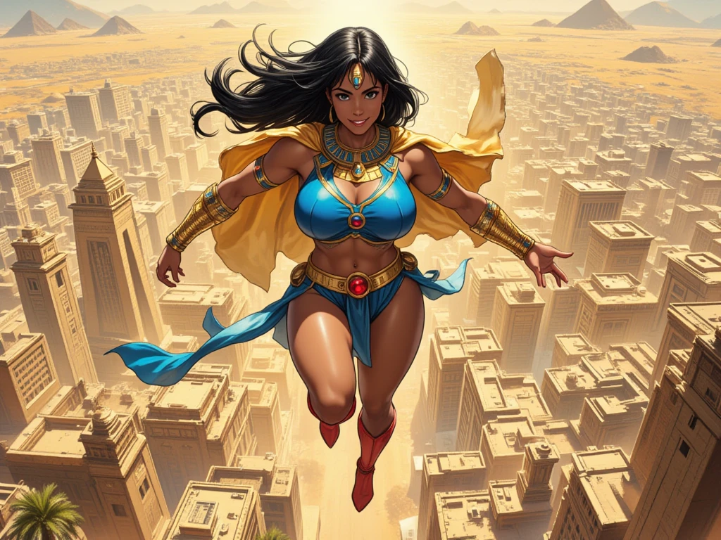 masters of the universe. detailed style. athletic Egyptian woman with thick black straight hair. She wears a top, blue skirt, bare midriff with gold trim, gold belt with a round red jewel, gold bracers, red boots.. Dark skin. puffy clouds in the blue sky. standing proudly, cityscape background