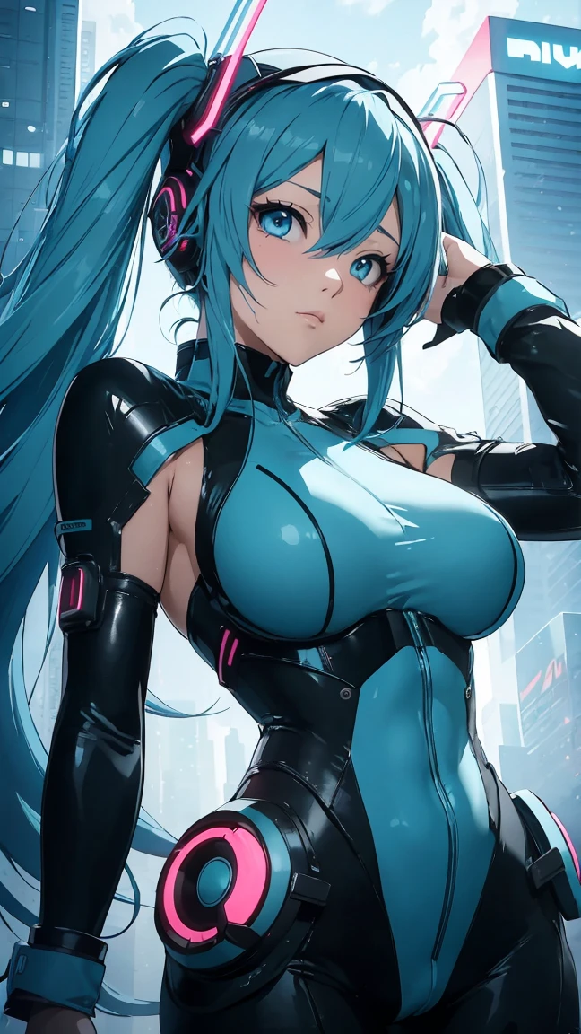 ((highest quality))、(masterpiece)、Hatsune Miku VOCALOID、(Twin tails)、Light blue hair、Water-colored pupils、cyber punk、Ultimate Physical Beauty、Big Ass、(Big Breasts)、Bodysuits、Sexy pose、A -yeld giwears an electronic visor on her face、red latex body、cyber punkモード、(Light blue hair:1.4),Breast enlargement、Neon lights in the dark city at night,Unreal Engine:1.4,Ultra-high resolution,La highest quality:1.4, Realistic:1.4, Skin Texture:1.4, masterpiece:1.8,masterpiece, highest quality,（Beautifully detailed eye depiction）