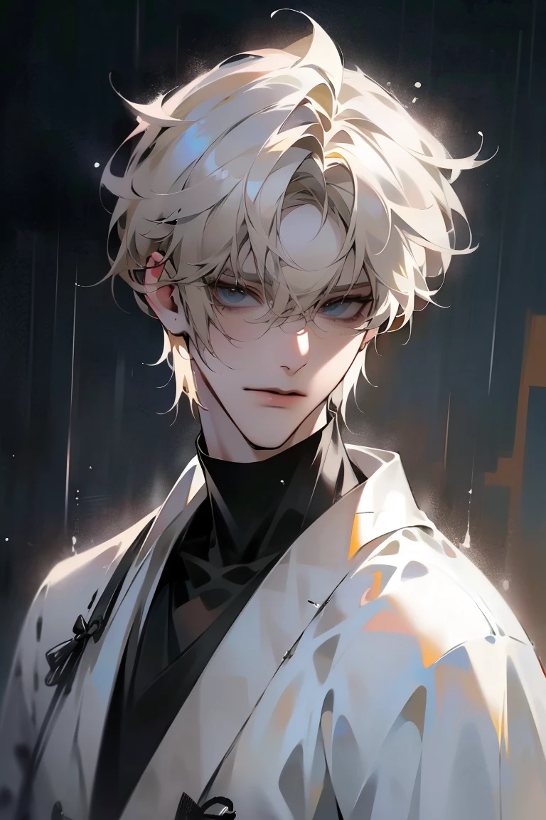 Impasto, white Blonde hair, short hair, masterpiece, best quality, 1 man , bangs, perfect face , black eye , handsome male , alone, pale skin , Adult male , delicate line drawing,Extremely detailed , ((black turtleneck)), (black kimono with longitudinal stripes), deep shadow,  semi-realistic art  ,  semi-realistic art  style, expressive brushstrokes,  vivid brushstrokes , 인상주의 painting, realistic skin, realistic hair, realistic detail, photorealistic, high details,  Perfect Eyes ,  concrete wall with background , high quality, painting, pixiv illustration