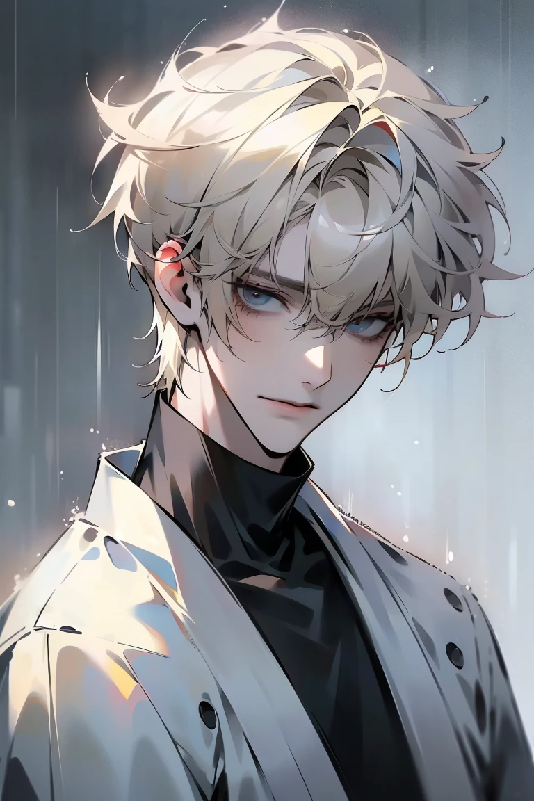 Impasto, white Blonde hair, short hair, masterpiece, best quality, 1 man , bangs, perfect face , black eye , handsome male , alone, pale skin , Adult male , delicate line drawing,Extremely detailed , ((black turtleneck)), (black kimono with longitudinal stripes), deep shadow,  semi-realistic art  ,  semi-realistic art  style, expressive brushstrokes,  vivid brushstrokes , 인상주의 painting, realistic skin, realistic hair, realistic detail, photorealistic, high details,  Perfect Eyes ,  concrete wall with background , high quality, painting, pixiv illustration