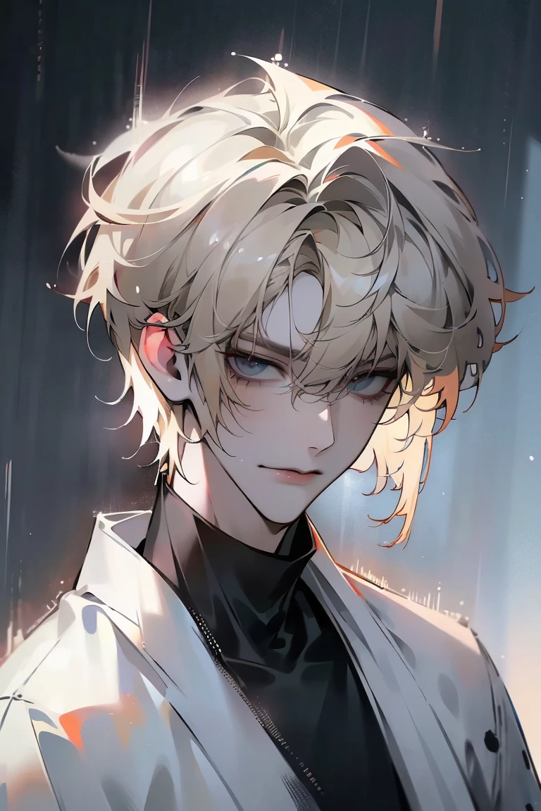 Impasto, white Blonde hair, short hair, masterpiece, best quality, 1 man , bangs, perfect face , black eye , handsome male , alone, pale skin , Adult male , delicate line drawing,Extremely detailed , ((black turtleneck)), (black kimono with longitudinal stripes), deep shadow,  semi-realistic art  ,  semi-realistic art  style, expressive brushstrokes,  vivid brushstrokes , 인상주의 painting, realistic skin, realistic hair, realistic detail, photorealistic, high details,  Perfect Eyes ,  concrete wall with background , high quality, painting, pixiv illustration