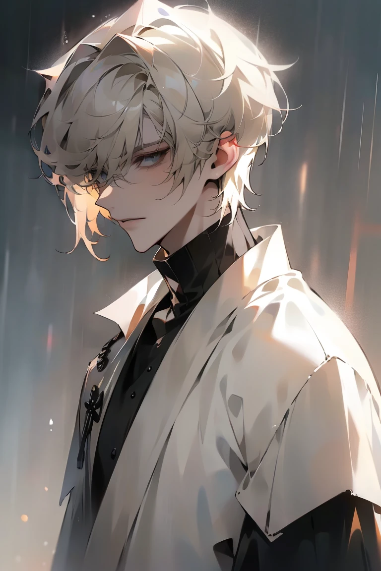 Impasto, white Blonde hair, short hair, masterpiece, best quality, 1 man , bangs, perfect face , black eye , handsome male , alone, pale skin , Adult male , delicate line drawing,Extremely detailed , ((black turtleneck)), (black kimono with longitudinal stripes), deep shadow,  semi-realistic art  ,  semi-realistic art  style, expressive brushstrokes,  vivid brushstrokes , 인상주의 painting, realistic skin, realistic hair, realistic detail, photorealistic, high details,  Perfect Eyes ,  concrete wall with background , high quality, painting, pixiv illustration