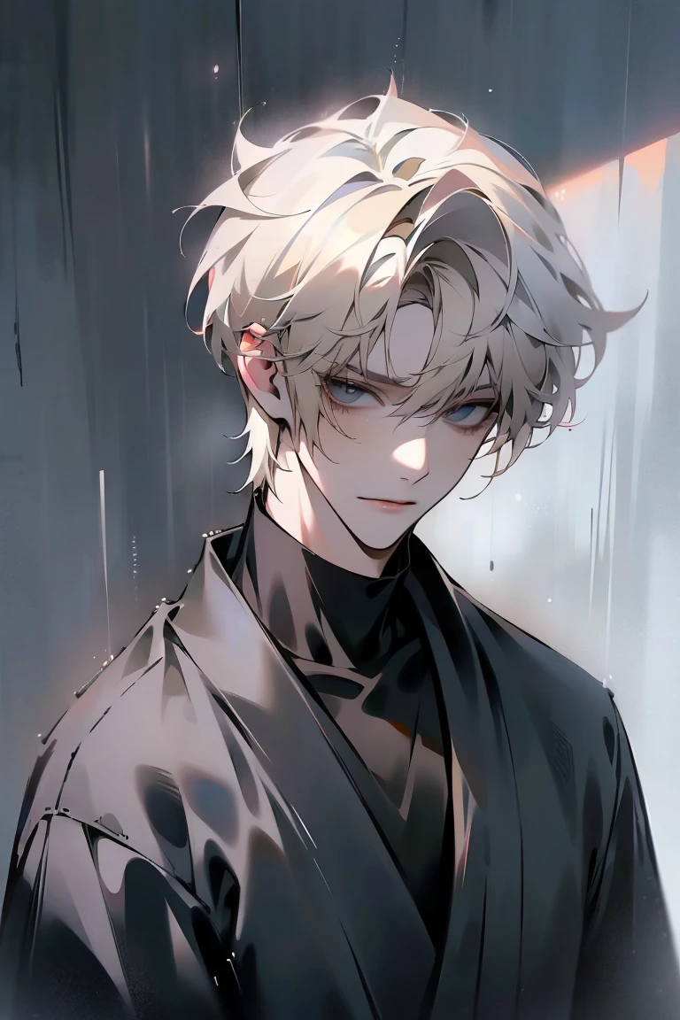 Impasto, white Blonde hair, short hair, masterpiece, best quality, 1 man , bangs, perfect face , black eye , handsome male , alone, pale skin , Adult male , delicate line drawing,Extremely detailed , ((black turtleneck)), (black kimono with longitudinal stripes), deep shadow,  semi-realistic art  ,  semi-realistic art  style, expressive brushstrokes,  vivid brushstrokes , 인상주의 painting, realistic skin, realistic hair, realistic detail, photorealistic, high details,  Perfect Eyes ,  concrete wall with background , high quality, painting, pixiv illustration
