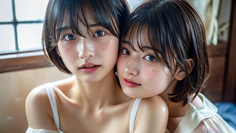 (High resolution:1.3), (16K, Realistic, RAW Photos, Best image quality: 1.4), Japanese, (Three Girls), Beautiful Face, (Lively Faces), (Black-haired、short hair:1.3), Beautiful Hairstyles, Realistic eyes, Beautiful and detailed eyes, (Realistic Skin), Beautiful skins, Charm, 超High resolution, Surreal, High detail, Golden Ratio, Highly detailed cute girl,(10 years old), naked, cum pussy