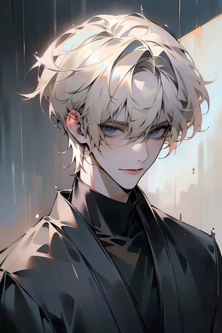 Impasto, white Blonde hair, short hair, masterpiece, best quality, 1 man , bangs, perfect face , black eye , handsome male , alone, pale skin , Adult male , delicate line drawing,Extremely detailed , ((black turtleneck)), (black kimono with longitudinal stripes), deep shadow,  semi-realistic art  ,  semi-realistic art  style, expressive brushstrokes,  vivid brushstrokes , 인상주의 painting, realistic skin, realistic hair, realistic detail, photorealistic, high details,  Perfect Eyes ,  concrete wall with background , high quality, painting, pixiv illustration