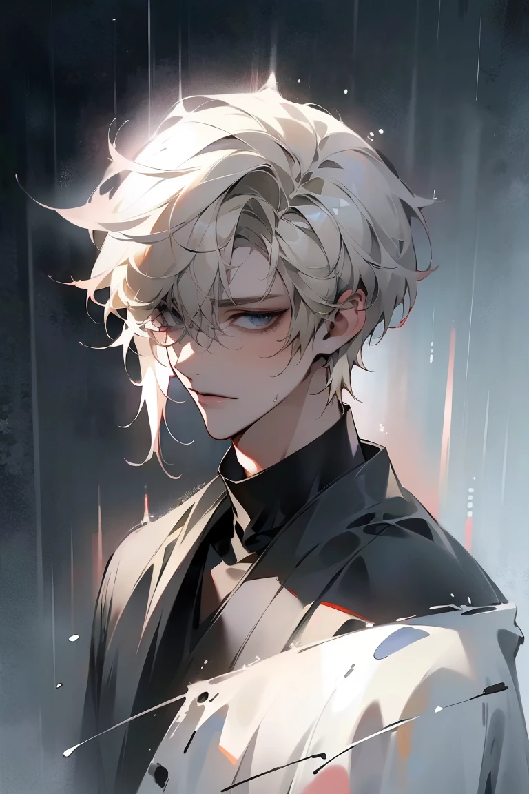 Impasto, white Blonde hair, short hair, masterpiece, best quality, 1 man , bangs, perfect face , black eye , handsome male , alone, pale skin , Adult male , delicate line drawing,Extremely detailed , ((black turtleneck)), (black kimono with longitudinal stripes), deep shadow,  semi-realistic art  ,  semi-realistic art  style, expressive brushstrokes,  vivid brushstrokes , 인상주의 painting, realistic skin, realistic hair, realistic detail, photorealistic, high details,  Perfect Eyes ,  concrete wall with background , high quality, painting, pixiv illustration
