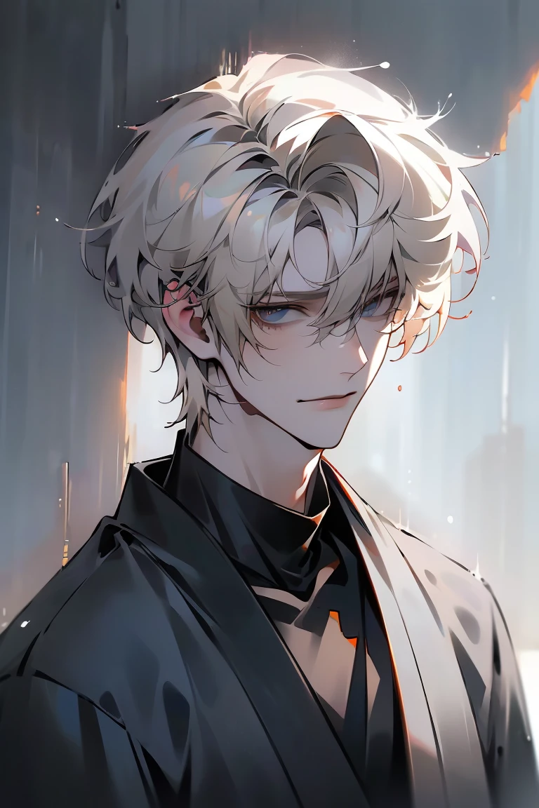 Impasto, white Blonde hair, short hair, masterpiece, best quality, 1 man , bangs, perfect face , black eye , handsome male , alone, pale skin , Adult male , delicate line drawing,Extremely detailed , ((black turtleneck)), (black kimono with longitudinal stripes), deep shadow,  semi-realistic art  ,  semi-realistic art  style, expressive brushstrokes,  vivid brushstrokes , 인상주의 painting, realistic skin, realistic hair, realistic detail, photorealistic, high details,  Perfect Eyes ,  concrete wall with background , high quality, painting, pixiv illustration