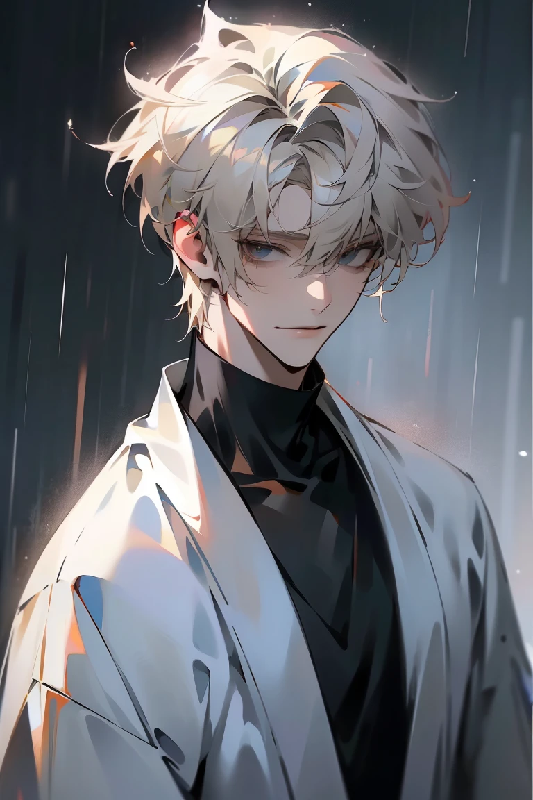 Impasto, white Blonde hair, short hair, masterpiece, best quality, 1 man , bangs, perfect face , black eye , handsome male , alone, pale skin , Adult male , delicate line drawing,Extremely detailed , ((black turtleneck)), (black kimono with longitudinal stripes), deep shadow,  semi-realistic art  ,  semi-realistic art  style, expressive brushstrokes,  vivid brushstrokes , 인상주의 painting, realistic skin, realistic hair, realistic detail, photorealistic, high details,  Perfect Eyes ,  concrete wall with background , high quality, painting, pixiv illustration