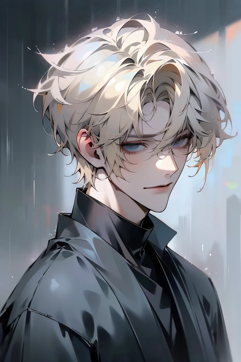 Impasto, white Blonde hair, short hair, masterpiece, best quality, 1 man , bangs, perfect face , black eye , handsome male , alone, pale skin , Adult male , delicate line drawing,Extremely detailed , ((black turtleneck)), (black kimono with longitudinal stripes), deep shadow,  semi-realistic art  ,  semi-realistic art  style, expressive brushstrokes,  vivid brushstrokes , 인상주의 painting, realistic skin, realistic hair, realistic detail, photorealistic, high details,  Perfect Eyes ,  concrete wall with background , high quality, painting, pixiv illustration