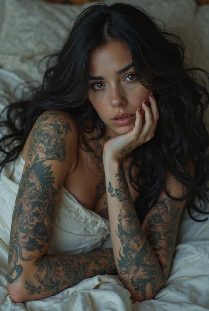 A young woman with long dark hair is lying on a bed, cuddling a dark brown fluffy dog. she has a pear body shape with an curvy larged-size chest, She is wearing a cropped, ribbed white thin-strapped tank top and white lace panties. Her body is adorned with tattoos; a colorful sleeve tattoo covers her left arm, and a large tattoo of a cat with a crescent moon and floral elements decorates her left thigh. The woman has a navel piercing with a jewel, and her pose accentuates her hourglass figure. The bedding is light-colored and slightly rumpled, contributing to the casual and intimate atmosphere of the scene. The lighting is soft, highlighting the intricate details of her tattoos and the texture of the fabrics.