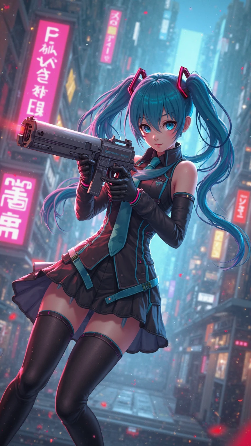 girl in black short top and black mini skirt holding a bazooka launcer and shooting a rocket to a building. Flames on the building. Hatsune Miku,