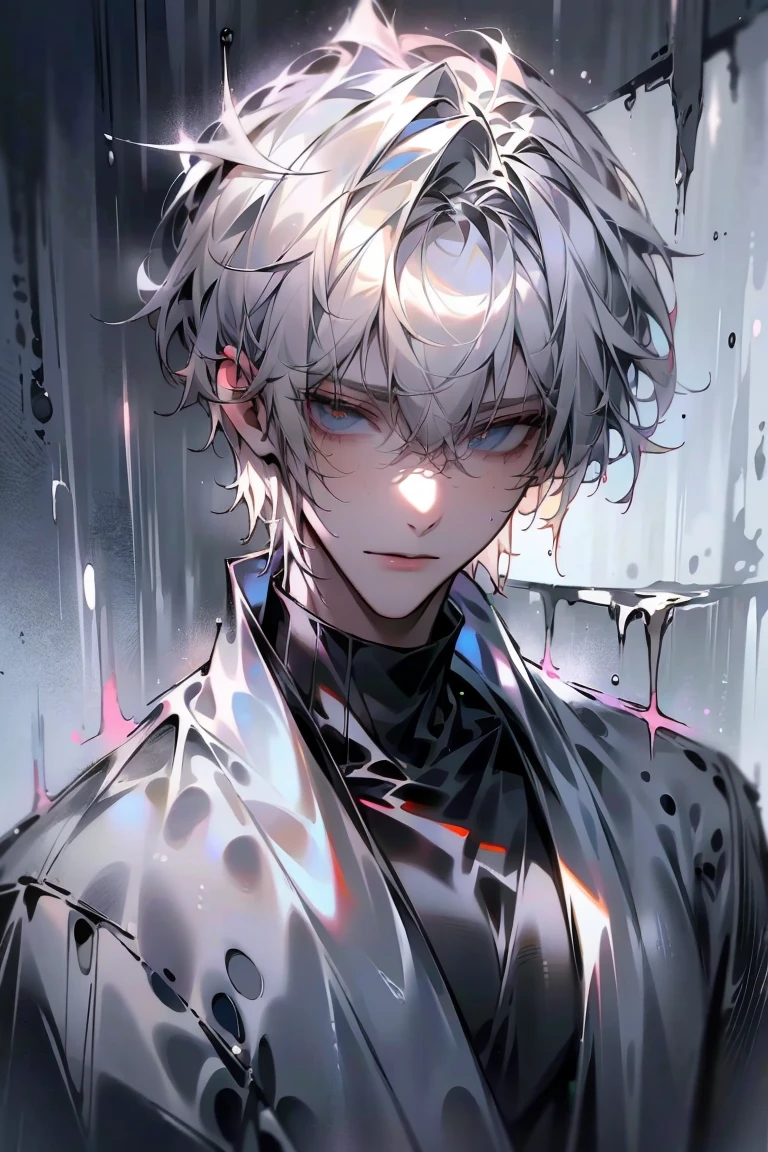 Impasto, white Blonde hair, short hair, masterpiece, best quality, 1 man , bangs, perfect face , black eye , handsome male , alone, pale skin , Adult male , delicate line drawing,Extremely detailed , ((black turtleneck)), (black kimono with longitudinal stripes), deep shadow,  semi-realistic art  ,  semi-realistic art  style, expressive brushstrokes,  vivid brushstrokes , 인상주의 painting, realistic skin, realistic hair, realistic detail, photorealistic, high details,  Perfect Eyes ,  concrete wall with background , high quality, painting, pixiv illustration