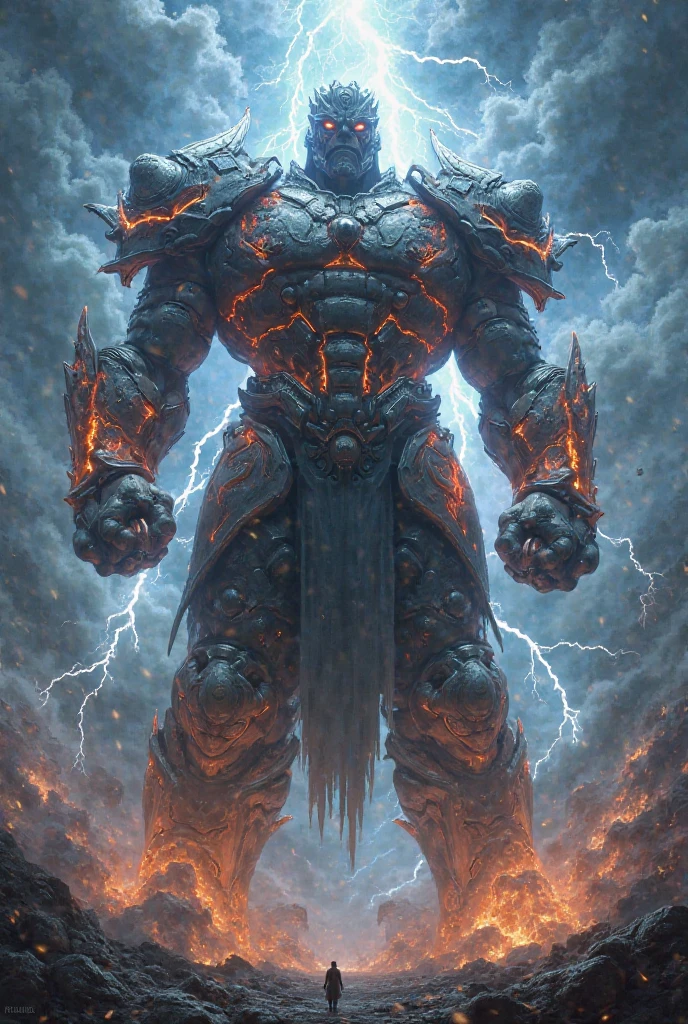 A earth golem, huge and powerful, earthquake as he walks, stones and rocks, dust, stormy sky, trees in flame, river, devastation, rich background, vivid colors <lora:ral-lava:0.4>, <lora:fantasy00d:0.8>, <lora:r1ge - AnimeRage:0.6> rage