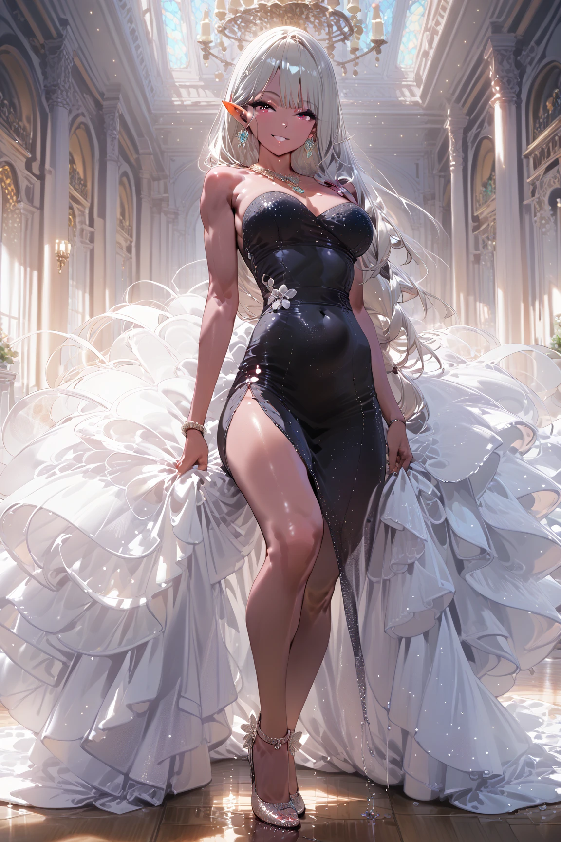 best quality, (masterpiece),(ultra-detailed), (high quality), (high resolution), (2heads:1.5) white long hair, black long hair, medium breasts, cleavage, grey skirt , full body,best quality:1.5, highres, UHD, 4K), smiling, ((grey sleeveless dress)), ((full body)), detailed blue eyes, (mature woman), casual dress
