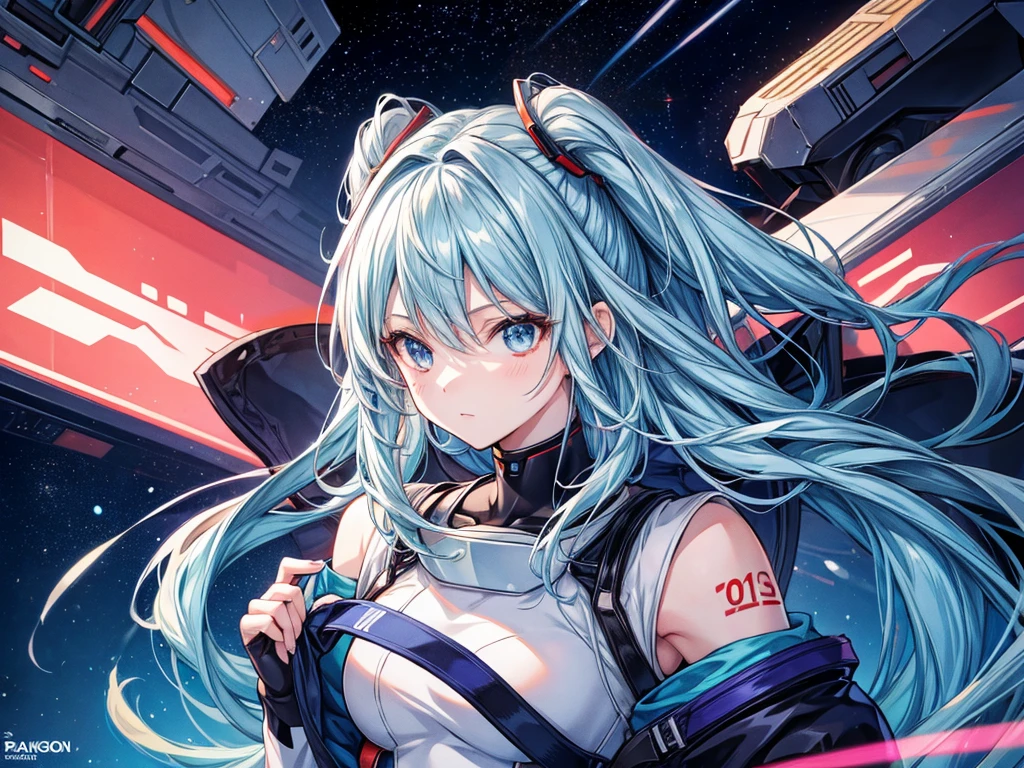 (masterpiece、highest quality、highest quality、Official Art、Beautiful and beautiful:1.2)、(One girl:1.3)Hatsune Miku、Twin tails,Big Breasts,(((masterpiece))), (((highest quality))), (((Flying in Space))), (((whole body))), (((From below))), (((Twin Buster Rifle))), (((Gatling Gun))), (((Colorful giant beam impact))), (((Firing))), (((Shine))), (((force)), (((electricity))), ((Colorful mechanical wings)), (((Light mint green Chinese dress))), ((Off the shoulder)), mini skirt, ((leggings)), Earth \(planet\), (((planet))), alone, One girl, (((Big Breasts))), Very long black hair, Hair Clip, ribbon, Open your mouth, Sweat, shy, blush, ((Slim figure)),