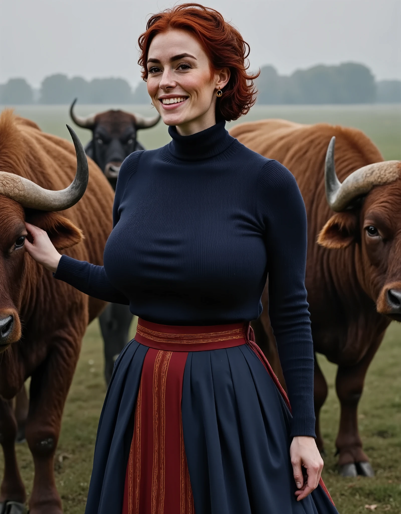 A stunning intricate full color portrait of a beautiful British woman, Photorealistic, cinematic, she is standing next to a buffalo, patting the neck of the buffalo. Smiling. wearing a dark blue turtleneck, paneled skirt with navy blue and scarlet red vertical stripes, epic character composition, by ilya kuvshinov, alessio albi, nina masic, sharp focus, natural lighting, subsurface scattering. HDR, intricate details.