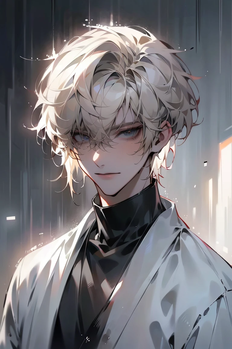 Impasto, white Blonde hair, short hair, masterpiece, best quality, 1 man , bangs, perfect face , black eye , handsome male , alone, pale skin , Adult male , delicate line drawing,Extremely detailed , ((black turtleneck)), (black kimono with longitudinal stripes), deep shadow,  semi-realistic art  ,  semi-realistic art  style, expressive brushstrokes,  vivid brushstrokes , 인상주의 painting, realistic skin, realistic hair, realistic detail, photorealistic, high details,  Perfect Eyes ,  concrete wall with background , high quality, painting, pixiv illustration