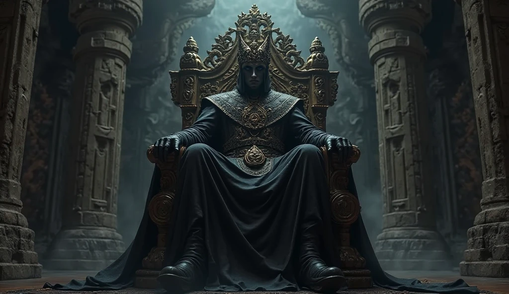 Best quality, masterpiece, black skin, silver tattoos on face and skin, wearing ornate and intricate black clothes, western ancient black kingdom interior background, expressionless, wearing a crown, detailed image texture, creepy, scary, creepy atmosphere (not AI image), cloudy weather, low color image, creepy, delicate skin expression, rough texture image, sitting