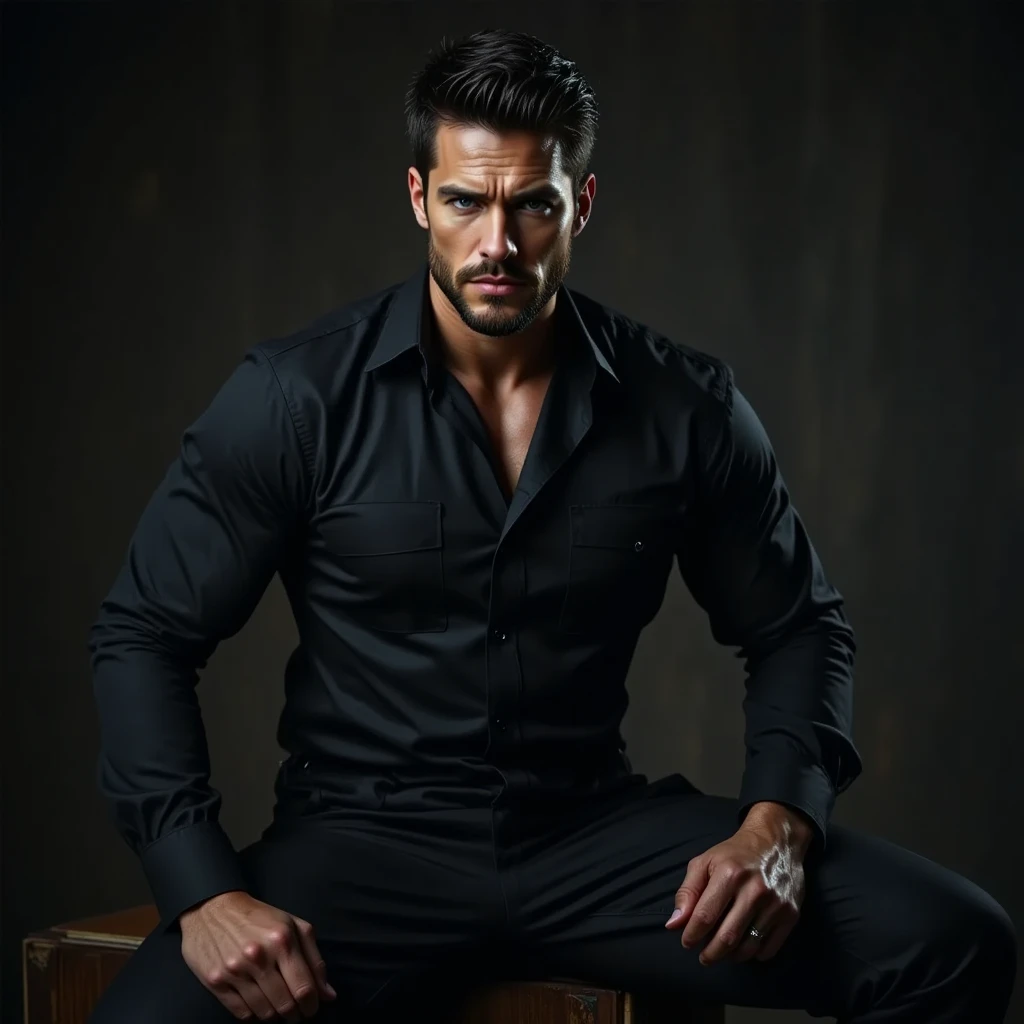 Indian bollywood actor hrithik roshan with a aggressive face and six pack body , v shape body , vieny hand , green eyes  , muscular legs ,curly hairs, wearing open black shirt,wearing a panther style underwear, white shoes,  some hear on the chest,  seating on a chair 