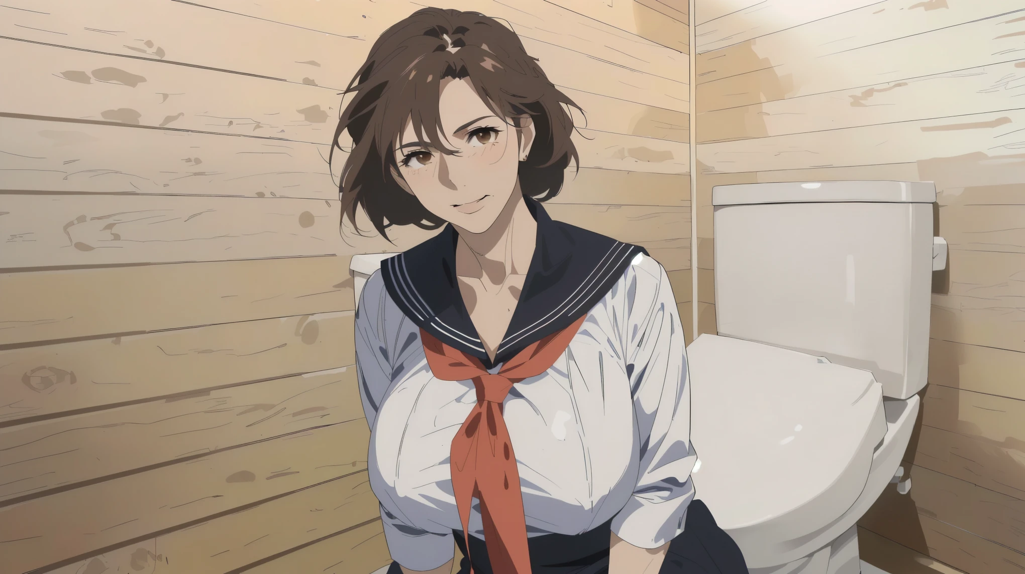 best quality, mature mom, Quiet mature Mom , ((( Small Wrinkles Around His Eyes and Mouth :1.2)))、detailed face, brown hair, Mesh Bang Hairstyle, brown eyes, Big Breasts, shy and embarrassed mature mom, (mature mom in tight and white sailor suit:1.3) ,(red scarf with black nose:1.4)、 there is toilet with wood walls ,(Simple Western-style whight toilet.Move to the right edge of the screen:1.2), realistic high school mature mom , female protagonist 👀 :8, Bewitching Anime mature mom ,  Makoto Shinkai ( Apex Legends ), Fine details, a hyper realistic high school mature mom , charming anime mature mom
