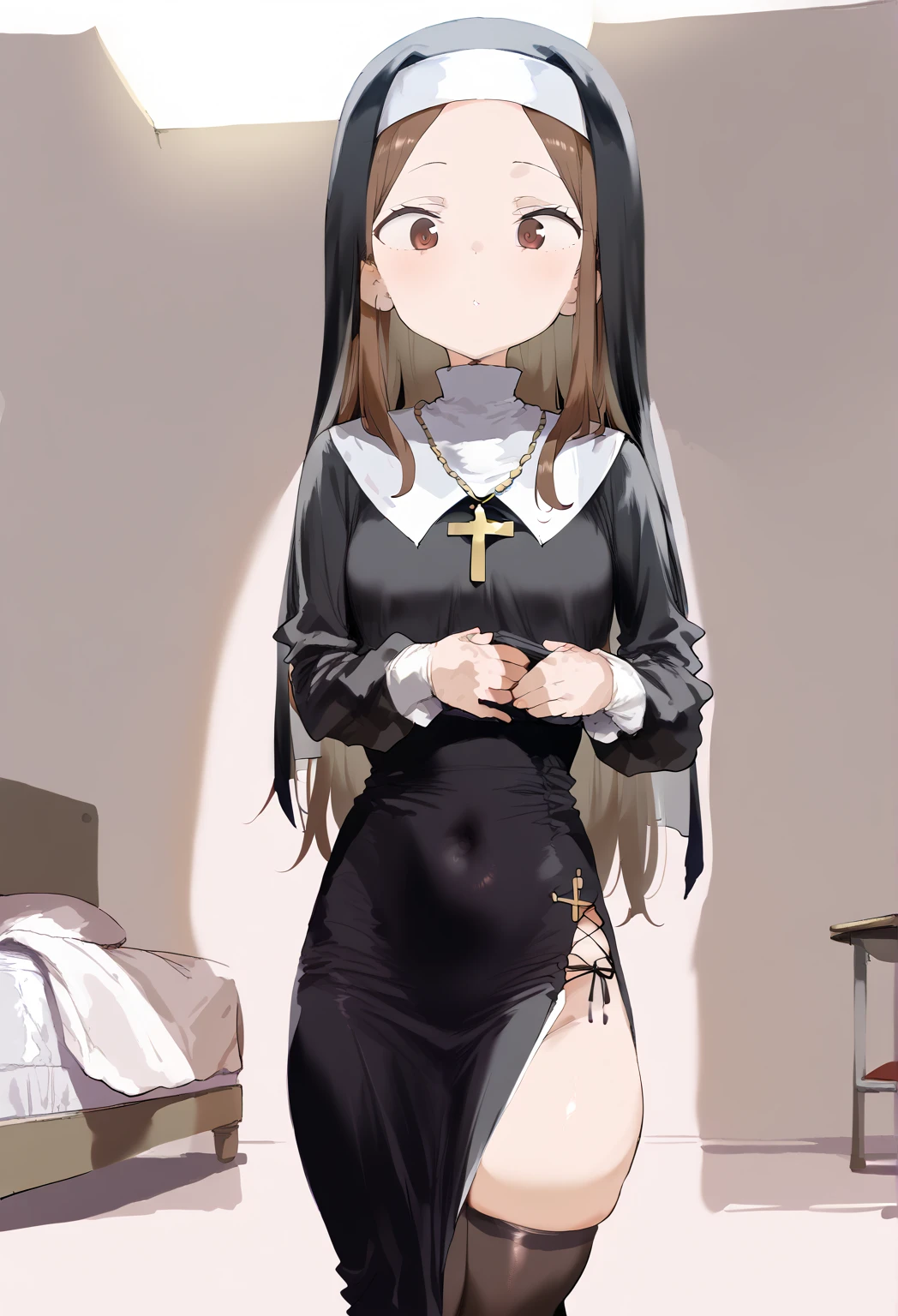 child ,1girl,solo,black hair,nun,flat chest,church,cloths lift,short cloths,panties