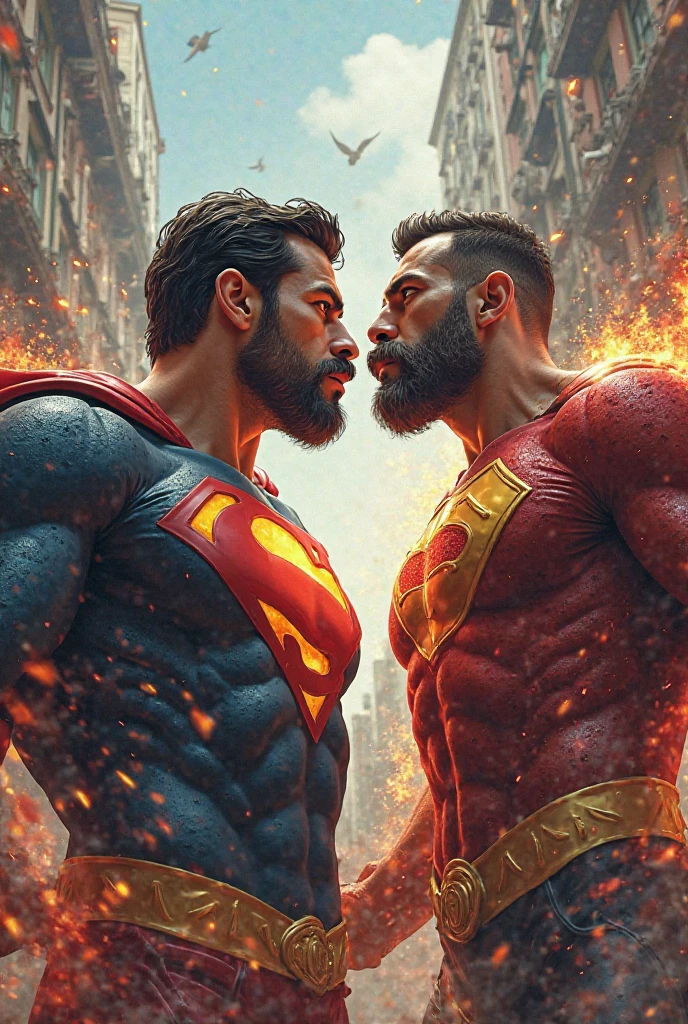 Make Superman fighting a long-haired blonde man, wearing black pants and black boots, His body has tattoos with demonic symbols in red, these have the power of energy and on his back he has a red spirit.