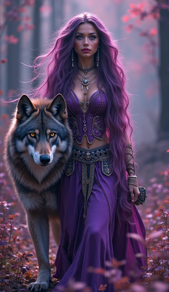 ((purple mist)), an ancient Greek huntress who commands a pack of wolves and ravens, with disheveled wild hair, burning wild eyes and a painted face. She is gently hugged by a werewolf male wolf, his eyes are burning with red fire, the ears of the wolf are moving on top of his head, the fur stands on end. Forest on the background of moonlight. Deep, rich colors and intricate details. Karn Griffiths and Charles Wess
