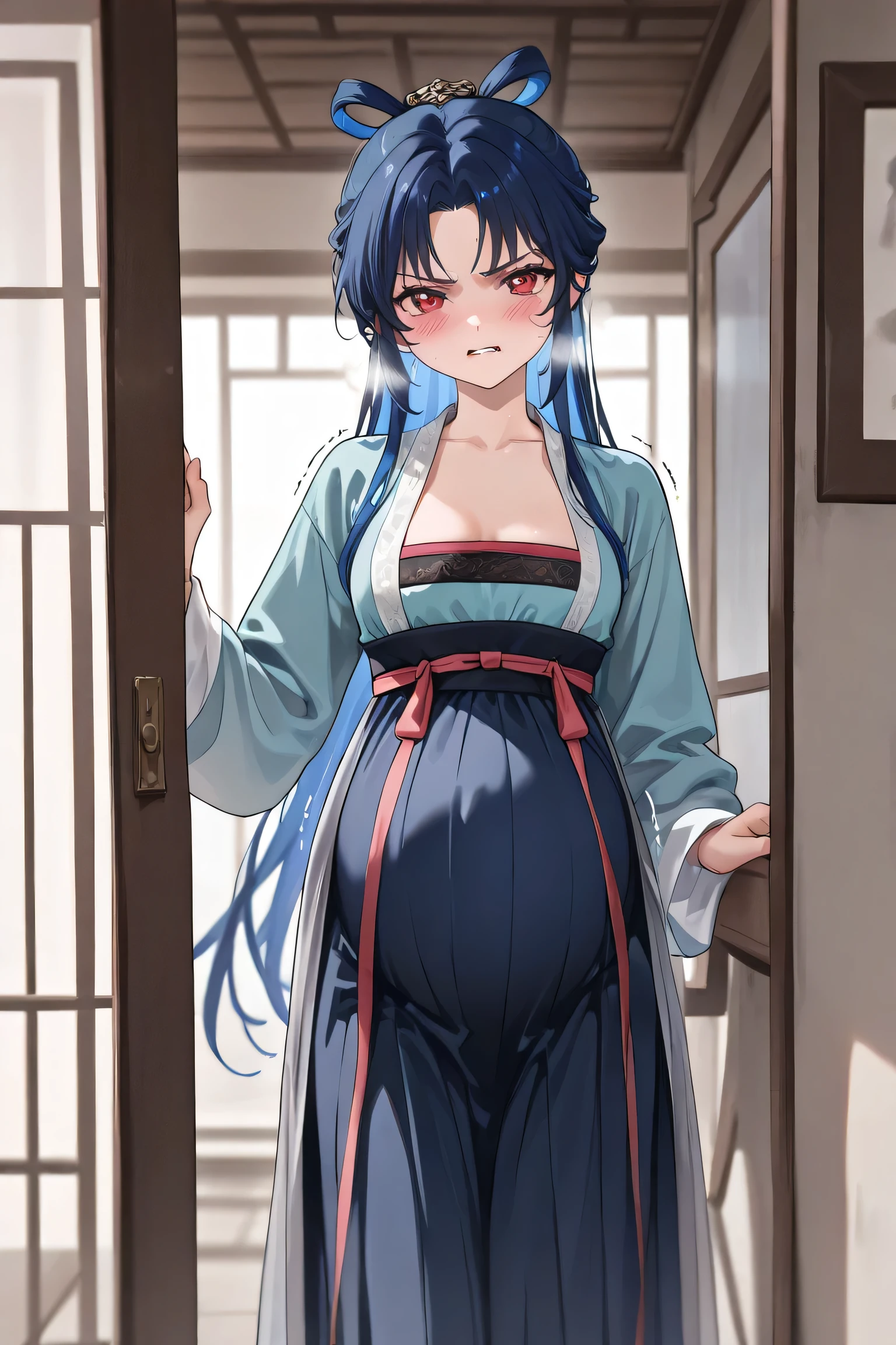 (Best quality, 4k, 8k, high resolution, masterpiece:1.2), ultra detailed, intricate details, beautiful girl, long blue hair, red eyes, bangs, small-medium breasts, perfect smooth skin, head tilted, Hanfu, Maxi skirt, dressing up modestly,, long blue hair, looking at viewer, standing, at front door, Alone, raining outside, at abandoned Chinese temple, Leaning against the wall, one hand on walls, bite lips, angry face, trembling, dirty temple:1.0), (hanfu Hover pussy:1.5), (blush:1.0), heavy breathing, (Pregnant:1.2)