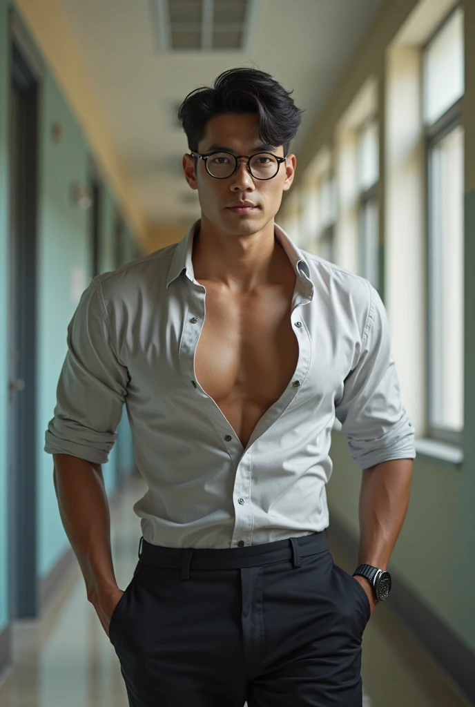 best quality, masterpiece, extremely detailed, masculine, 25 year old muscular bodybuilder filipino man, wearing glasses, round face with chubby cheeks, (muscular bodybuilder), very cheeky smile, fitted clothes, glowing quartz crystal pendant, leaning against bookshelf, reaching out one hand towards camera, in library, afterhours, lights off, at night, cinematic shadows, dreamy atmosphere, perfect face, perfect hands, perfection