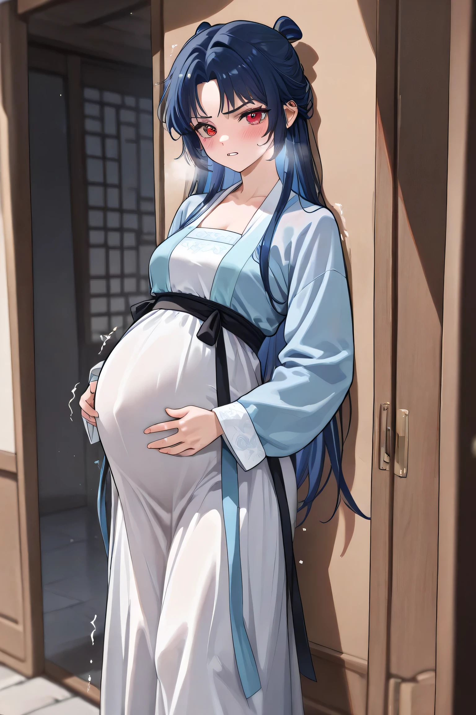 (Best quality, 4k, 8k, high resolution, masterpiece:1.2), ultra detailed, intricate details, beautiful girl, long blue hair, red eyes, bangs, small-medium breasts, perfect smooth skin, head tilted, Hanfu, Maxi skirt, dressing up modestly,, long blue hair, looking at viewer, standing, at front door, Alone, raining outside, at abandoned Chinese temple, Leaning against the wall, one hand on walls, bite lips, angry face, trembling, dirty temple:1.0), (hanfu Hover pussy:1.5), (blush:1.0), heavy breathing, (Pregnant:1.2)