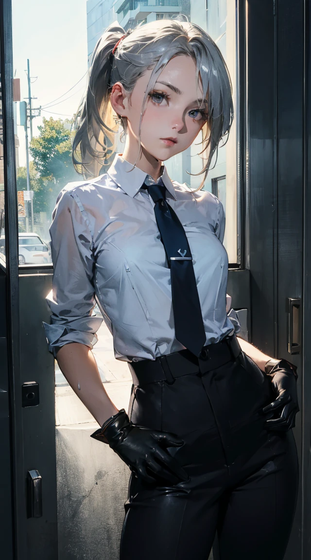 masterpiece, best quality, ultra-detailed, illustration, epic lighting, cinematic composition, isometric, 1girl, cute, petite, brown eyes, black hair, swept bangs, single sidelock, red hairclip, white collared shirt, black necktie, subway, sitting, cowboy shot, looking at viewer, sad, upset, parted lips, sleeveless, armpits, nipple bulge, (8k:1.1)