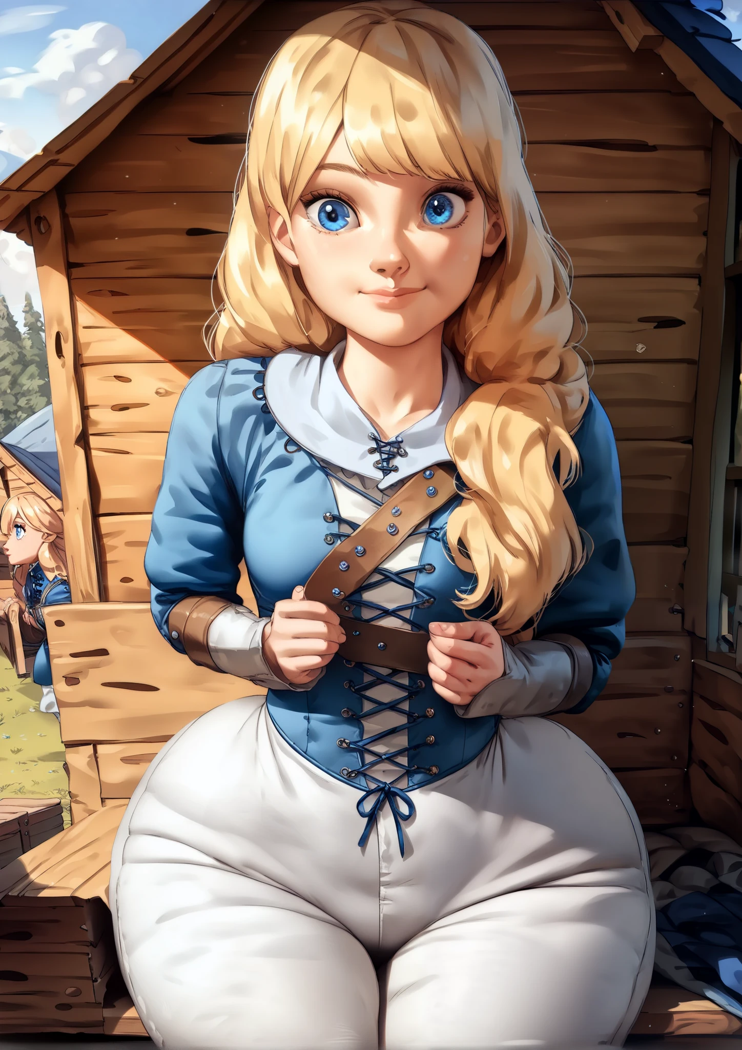 ((Cute girl,blonde girl,blonde hair,long hair,full bangs,cute blue eyes,fair skin,wearing blue medieval suit,white pants,wide big hips,small breasts)),(((Background of cabin inside,normal mood,FRONT VIEW)))