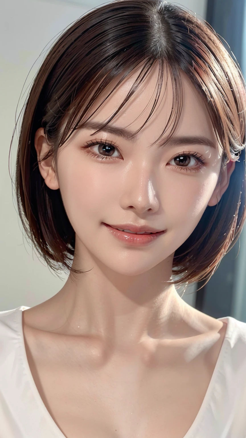 ((Best Quality, 8K, Masterpiece: 1.3)), 1 Girl, Slim Abs Beauty: 1.3, (Hairstyle Brown Hair Shortcut, Big: 1.2), Dress: 1.1, Super Slender Face, Delicate Eyes, Double Eyelids, Smile, Home, Raw Photo