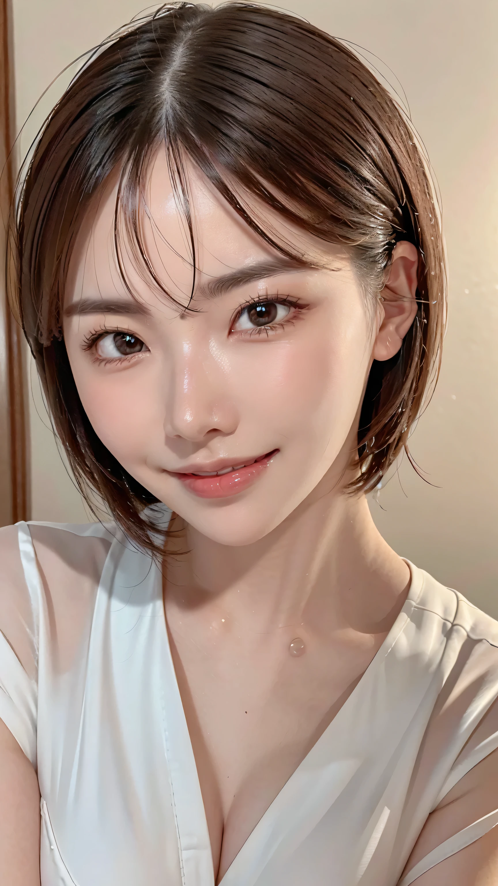 face only close-up、Face close to front、face with very clear skin close-up、staring at me、Close up of all faces、Clear facial balance、Face aligned to the center、Close up of all faces、background simple、Beautiful woman making eye contact、 ridicules、 inappropriate smile、Open mouth 、Beautiful neck