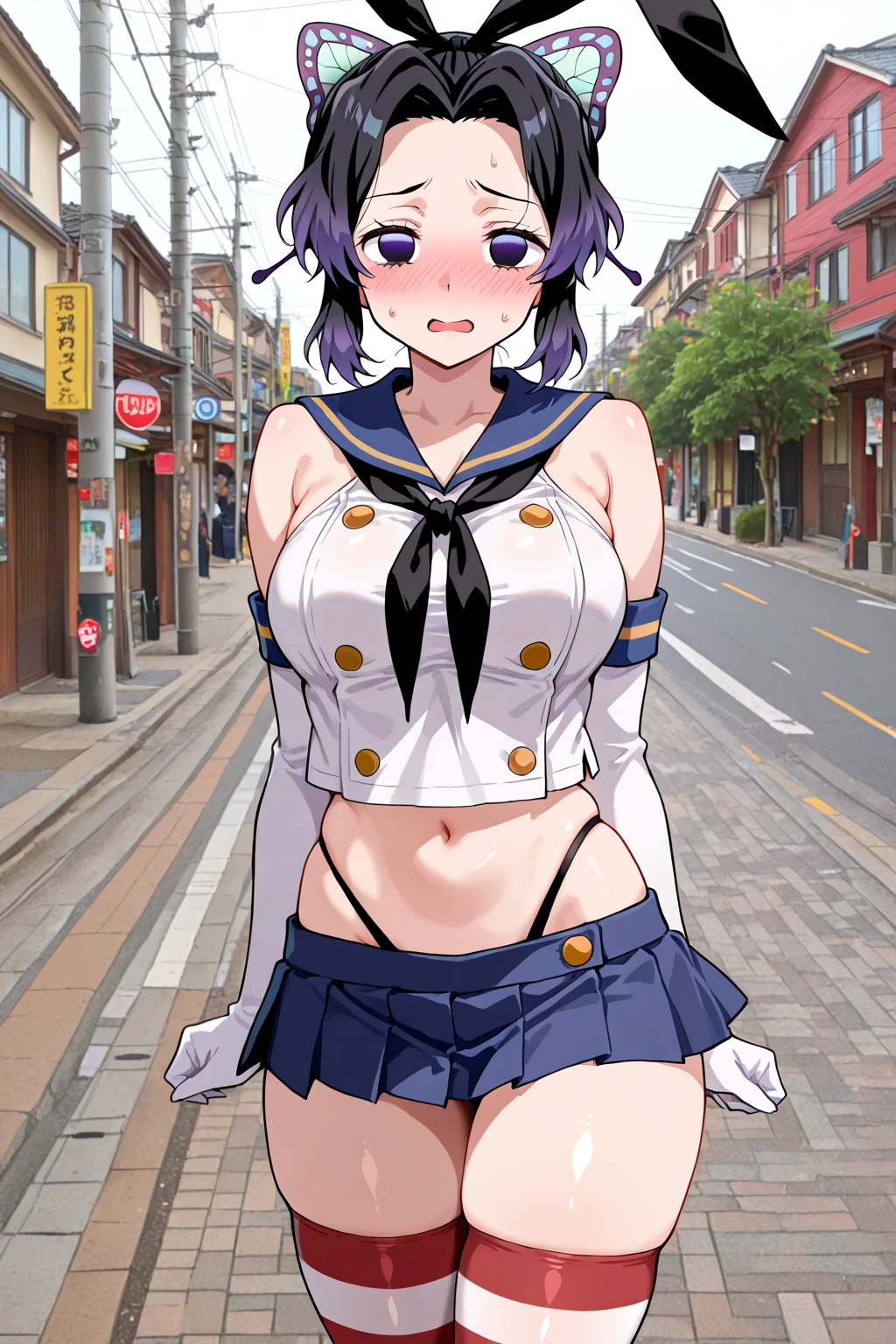 ((Highest quality)), ((Very detailed)), masterpiece, Absurd, Detailed face, Beautiful Face, (Fine grain, Deep Eyes), (One girl), From behind, Recall, Dynamic pose, whole body, Yi Chen, Long Hair, Blue Hair, hair ornaments, hairpin, blue eyes, Large Breasts, smile, Bare shoulders, Blue clothes, clavicle, White gloves, Elbow hand pockets, White knee socks, Pleated skirt, leotard, (indoor, In the living room), Bottom style