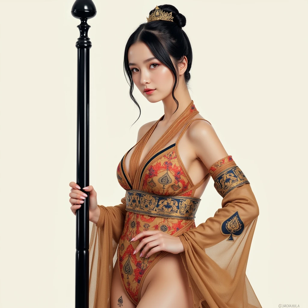 Qing dynasty empress naked empress spreading one's legs open wide with knees bent,creating the shape of the letter M at the Chinese court Qing dynasty empress empress of China crowned with a size crown with her hair tied back and raised above her head background of stone tatami outside Qing dynasty