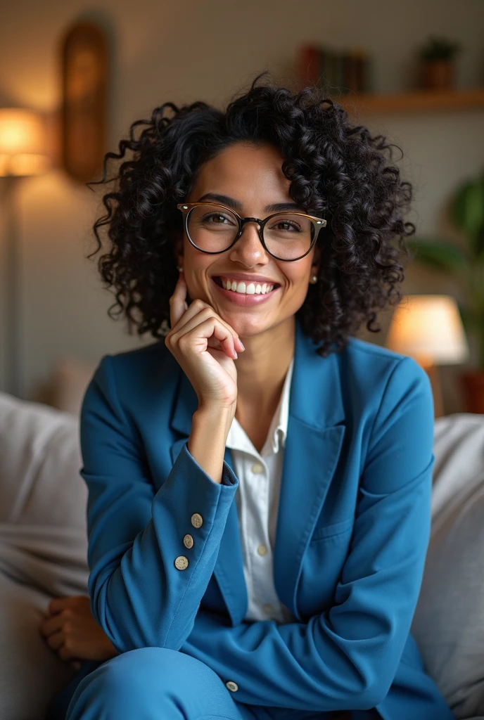 Smiling woman with glasses and a blue shirt posing for a photo