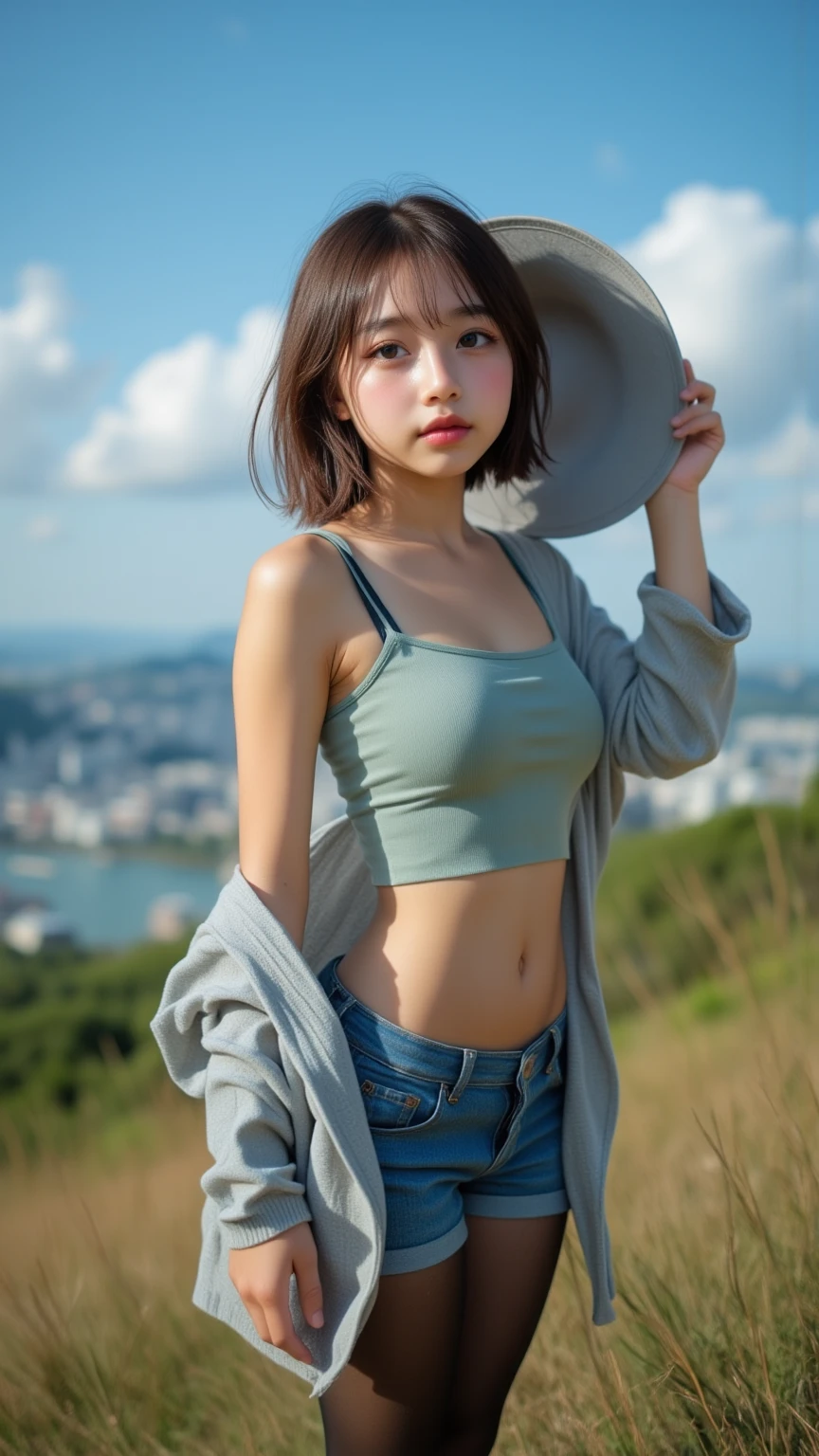 ((Highest quality, 8k, masterpiece :1.3)), Sharp focus :1.2, Beautiful woman with perfect figure :1.4, Slim Abs :1.2, ((Big Breasts, Emphasize cleavage:1.3)), (Photorealistic:1.4), (realistic:1.4), (Short Bob Hair, Light brown hair:1.5), Highly detailed face and skin texture, Fine grain, double eyelid. Makeup face. A little bit of lipstick, sex appeal, Sexy gravure pose, ((Blue denim jacket and white tank top、Wearing shorts、An idol poses sexy and shows off her beautiful legs while relaxing at a forest campsite。A campfire is visible in the background。:1.3))